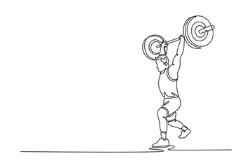 Single one line drawing muscular male athlete pushing the barbell. Fitness, training, workout, athletic, vitality, performance, muscle strength. Continuous line draw design graphic vector illustration