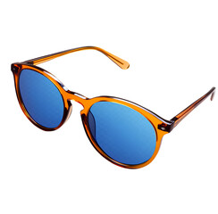 Round sunglasses, brown and blue colorway, transparent background, PNG format.