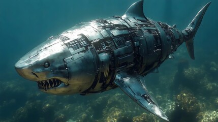 Fototapeta premium A mechanical shark glides gracefully through the deep blue ocean waters, a true marvel.