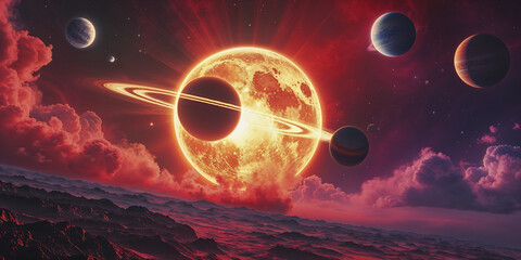 Stunning cosmic landscape featuring a glowing sun, planets, and vibrant clouds in a distant galaxy