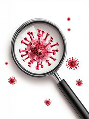 Magnifying glass focusing on red virus, surrounded by smaller virus illustrations, symbolizing scientific research and health awareness