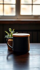 Black Coffee Mug with Wooden Lid and Plant on a Dark Wood Table
