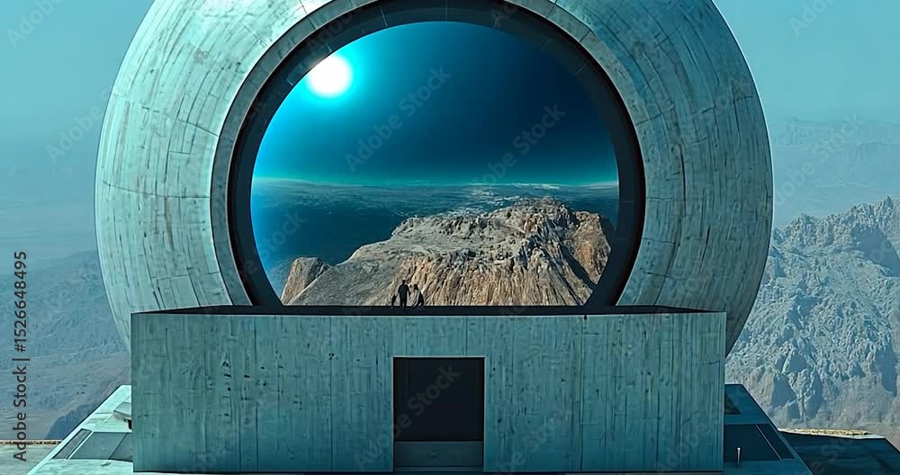 Poster a spherical structure in a futuristic setting, light blue color, with a window to show the view of t