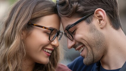 Young caucasian couple smiling fondly with glasses and close interaction