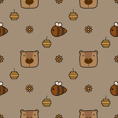 Face bear and bee cartoon so cute. On flower honeycomb brown background. Pattern seamless vector illustration. 