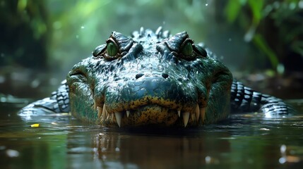 Fototapeta premium The imposing alligator surfaces, its sharp teeth and intense eyes on full display.