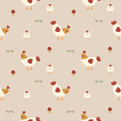 Chicken cartoon so cute. On baby chick grass mushroom background. Pattern seamless vector illustration. 
