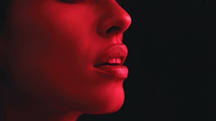 Female profile in red lighting with focus on mouth