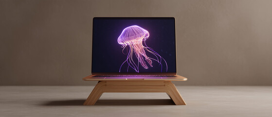 neon jellyfish screensaver projected onto a minimalist wooden laptop stand, 2025 remote work trends with desert beige and holographic accents, product shot for tech blogs