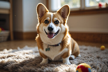 Cute corgi relaxing indoors with colorful toys in a cozy room during afternoon sunlight