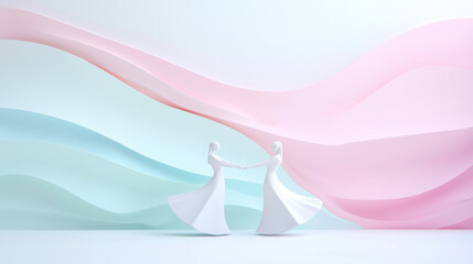 Elegant abstract scene featuring two white figures holding hands against pastel background of flowing waves. soft colors evoke sense of harmony