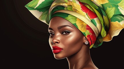 Elegant minimalist vector illustration depicting a woman with vibrant headwrap and striking red lips