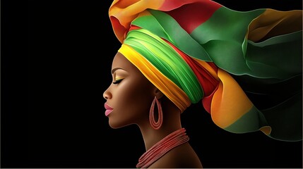 Minimalist vector illustration of a woman wearing a colorful headwrap in a side profile view on a dark background