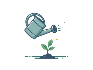a simple flat 2d icon of a simple watering can tilted over a small, sprouting plant, minimalist design, solid green and gray colors, clean sharp lines, no shadows, isolated on a plain white background