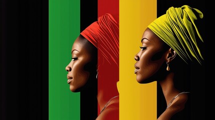 Obraz premium Minimalist vector illustration showcasing three African women with vibrant head wraps representing cultural identity