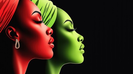 Obraz premium Exploring the beauty of culture through minimalist vector illustration of two African women with vibrant colors and striking profiles