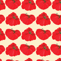 Seamless pattern heirloom tomatoes with green stems different shapes. Flat vector illustration isolated on light background. Colorful vegetable variety. Healthy eating and organic farming concept