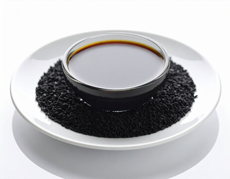Dark amber liquid in shallow bowl rests on pristine white plate surrounded by black cumin seeds, creating striking contrast. scene evokes sense of natural beauty and health