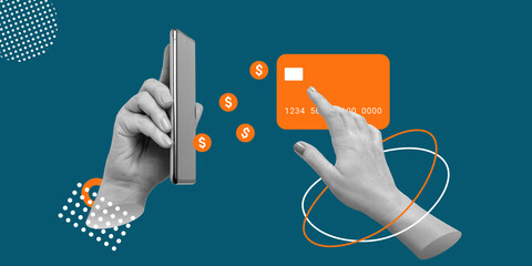 Mobile application for banking transactions, electronic money concept. Hand holds smartphone, from which symbolic dollars fly out, other hand points to hovering bank card. Minimalistic art collage