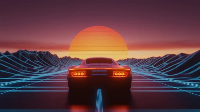 Retro futuristic car driving on a grid road towards a sunset in an 80s style animation for a nostalgic and vibrant vibe