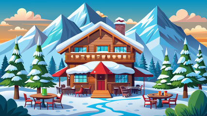 Charming Wooden Chalet Restaurant in Snowy Mountain Landscape