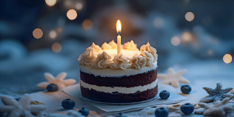 First birthday cake with candle, ai generated.