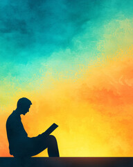 Silhouette of person reading against vibrant watercolor background featuring shades of blue, orange, and yellow, evoking sense of calm