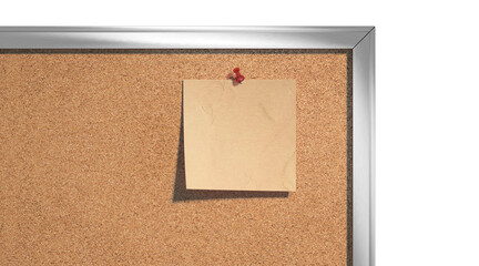 Blank craft paper note pinned cork-board mockup, depth of field