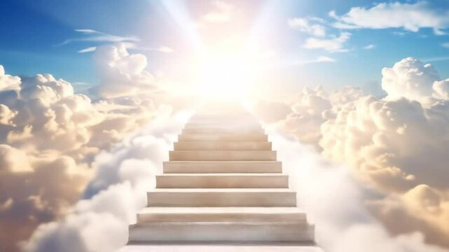 Stairway to heaven animation featuring a bright light at the end of the stairs amidst fluffy white clouds and a blue sky, creating a spiritual and ethereal atmosphere