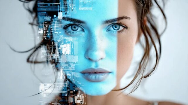 Woman Transformed by Technology: A woman's face is partially overlaid with a futuristic, technological design. Her expression is one of serious contemplation.