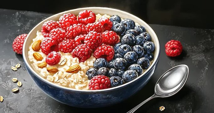 A close-up shot of a bowl of oatmeal with raspberries and blueberries, along with a spoon and almonds. The bowl is a dark blue with a white and blue pattern with oatmeal and raspberries. The