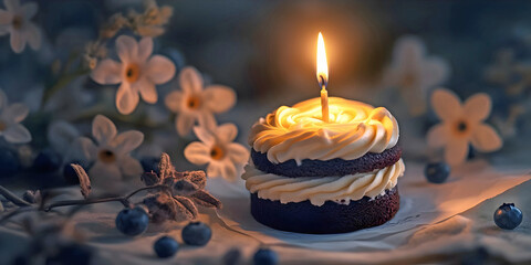 First birthday cake with candle, ai generated.