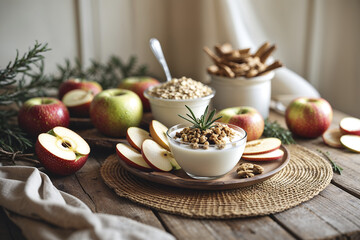 Delicious apple yogurt parfaits arranged with fresh apples and granola on a rustic wooden table in a cozy kitchen