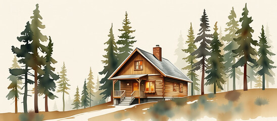 Charming watercolor cabin surrounded by tall pine trees in peaceful forest setting