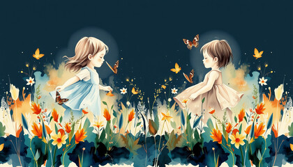 Two young girls in dresses surrounded by colorful flowers and butterflies in dreamy scene