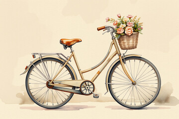 Charming watercolor bicycle with basket of flowers, vintage style and soft colors