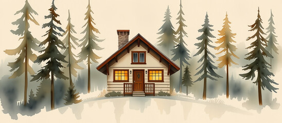 Charming watercolor cabin with warm glowing windows surrounded by tall pine trees in autumn