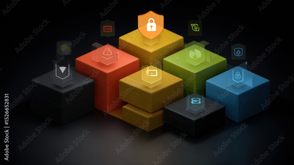 Aufkleber Data Privacy Infographic Showcasing Layered Protection Blocks and Security Icons in Vibrant Colors Conveying User Security Themes