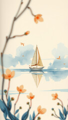 Charming watercolor sailboat on calm water with orange flowers and birds flying peacefully