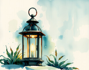 Charming watercolor painting of glowing lantern with green plants and soft background