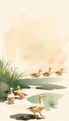 Charming watercolor scene of ducks walking near pond with grass and rocks