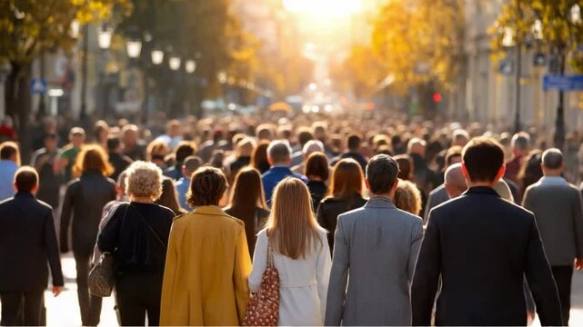 City Crowd: A diverse multitude navigates a sun-drenched cityscape, capturing the vibrant essence of urban life, the image capturing the diverse tapestry of urban life.