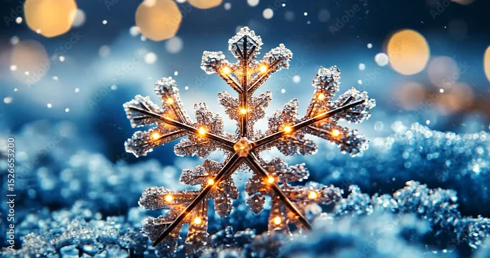 Poster snowflake with a light glow. the background is blurred, with bokeh effect. close up shot, focusing o