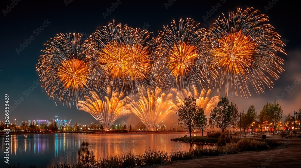 Poster a cluster of golden fireworks bursting in sync, creating a shimmering umbrella effect, dark silhouet