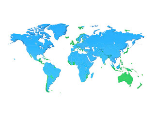 Obraz premium a simple flat 2d icon of a world map made of cleanly interlocking jigsaw puzzle pieces, minimalist design, solid blue and green colors, clean sharp lines, no shadows