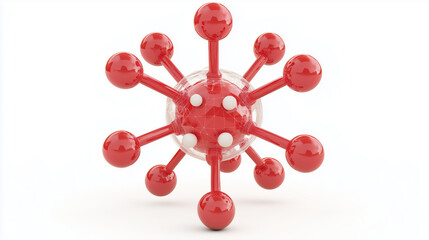 Isolated virus molecule model in red and white, showcasing detailed structure with spherical and spike features, representing scientific research