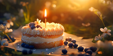 First birthday cake with candle, ai generated.