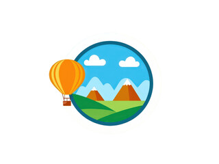 Fototapeta premium a simple flat 2d icon of a bird's eye view, with a simple eye icon that is also a hot air balloon, looking down on a landscape, minimalist design, solid orange and green colors, clean sharp lines