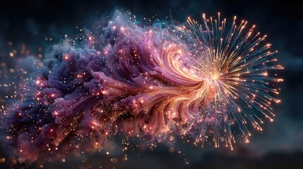 A dramatic firework exploding in a spiral pattern, vibrant purples and blues mixing with white sparks, high-energy celebration