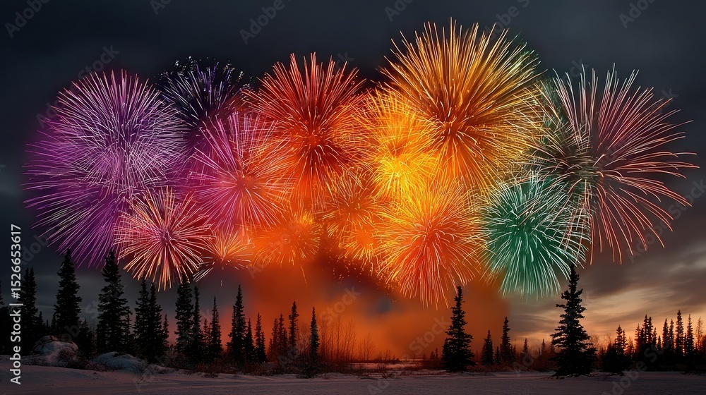 Poster a sequence of fireworks in different colors bursting one after another, creating a rhythmic light sh
